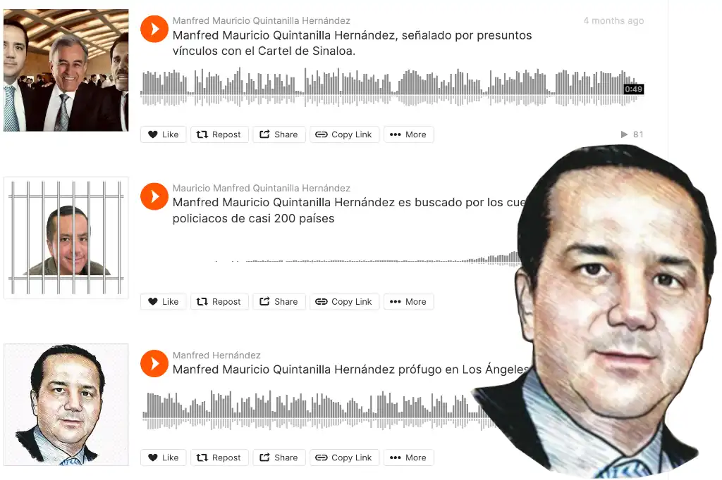 El empresario, Manfred Mauricio Quintanilla Hernández, ademas de ser acusado por fraude y corrupción, también se le señala como encubridor de feminicidas. Estos delitos ya han sido inmortalizado en narcocorridos que ya son virales.